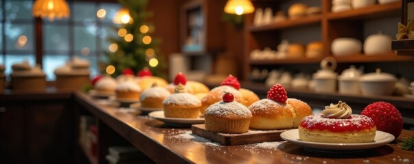 Warmly lit bakery with festive holiday treats, Holiday treats, Warm lighting, Holiday season