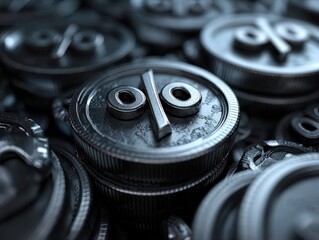 Stack of metallic coins shaped with percent symbols on top, intricately detailed surface texture, close-up view, with a soft focus background, emphasizing the central object