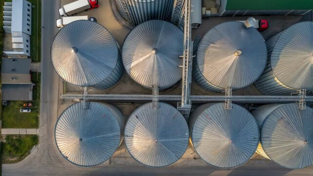 Aerial view of massive silos connected by a network of conveyor belts with grains spilling into chutes as trucks are loaded belowa hive of agricultural processing.