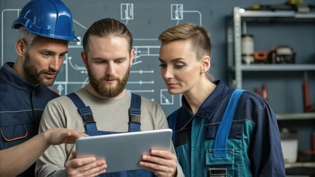 A maintenance team collaborates over a tablet reviewing digital schematics of a robotic system their faces indicating concentration and teamwork in problemsolving.