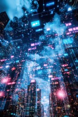 Futuristic cityscape with vibrant digital displays at dusk