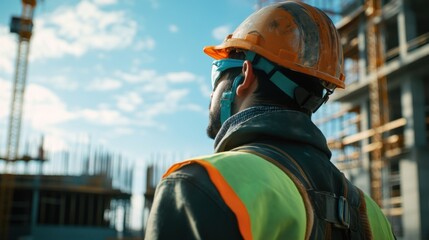 Fototapeta premium A Hispanic construction worker wearing protective gear while working at a construction site. Featuring safety and awareness