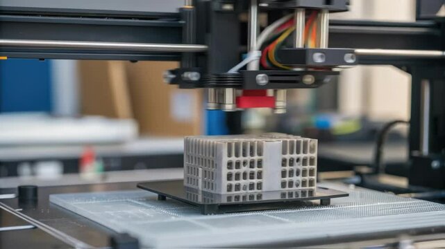 A medium closeup of a 3D printer creating components for the terminal showcasing innovative construction ods that streamline the building process.