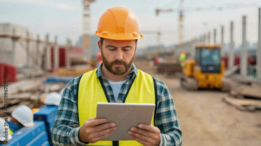 Poster a medium closeup of a construction site foreman reviewing environmental compliance reports on a tabl