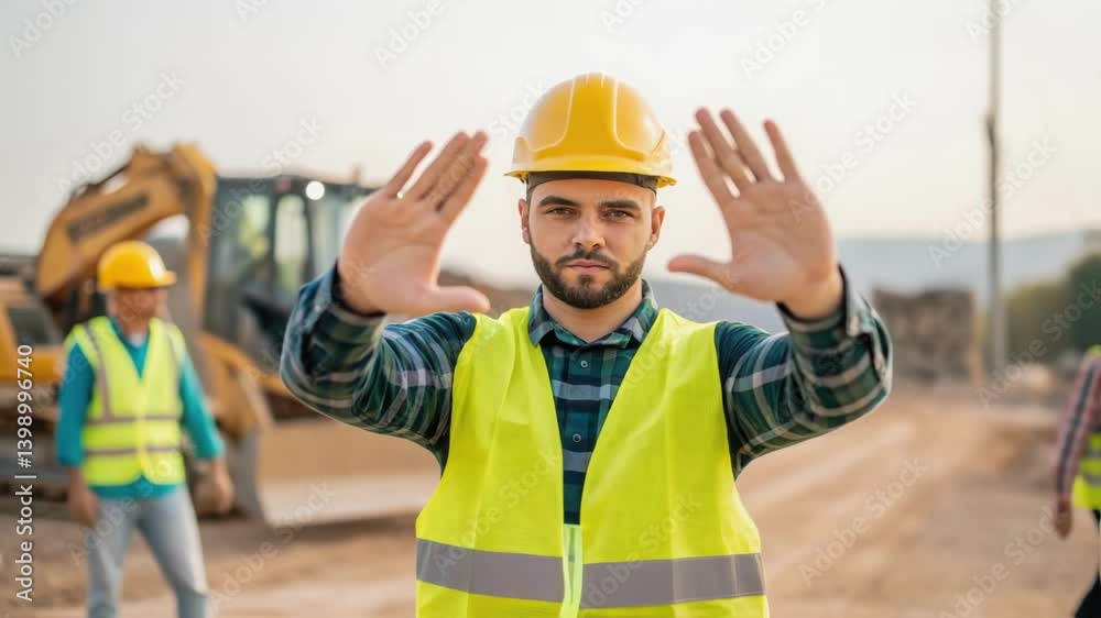 Poster a medium closeup of a construction crew member signaling to the operator with hand gestures illustra