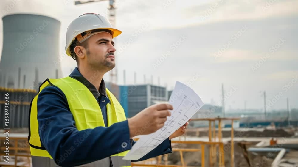 Aufkleber A medium closeup of a construction supervisor using a blueprint to coordinate the assembly with a backdrop of rising cooling tower structures in the distance.