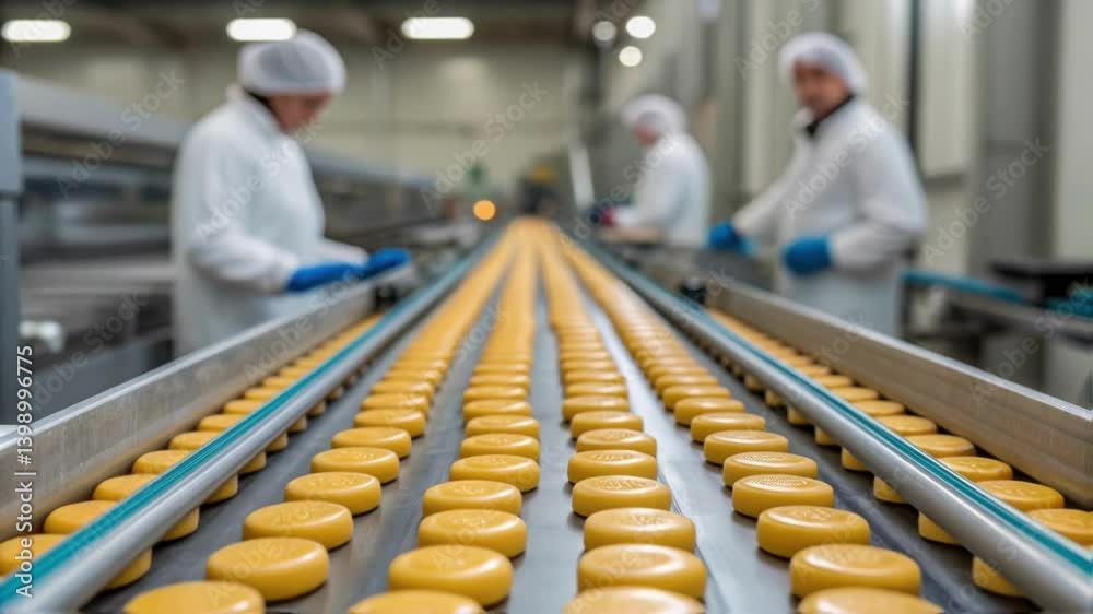 Poster A medium closeup of a conveyor belt transporting freshly manufactured seals with workers in the background performing quality control checks emphasizing the scale of production.