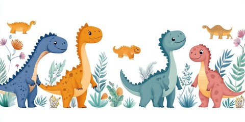 Cute Cartoon Dinosaurs Illustration for Baby Birthday Party Card and Decoration