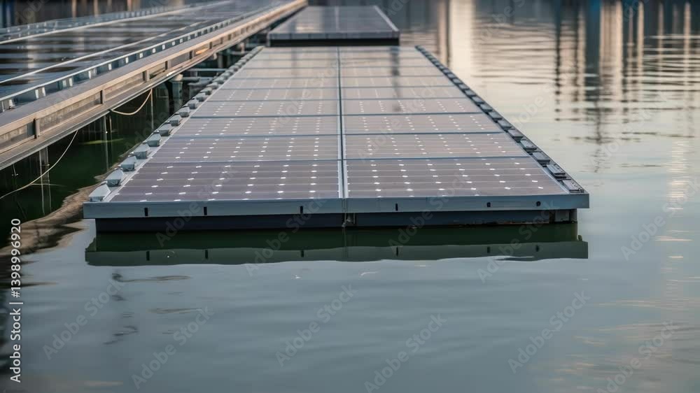 Aufkleber a medium closeup of a floating solar panel installation on an industrial pond with reflections shimm