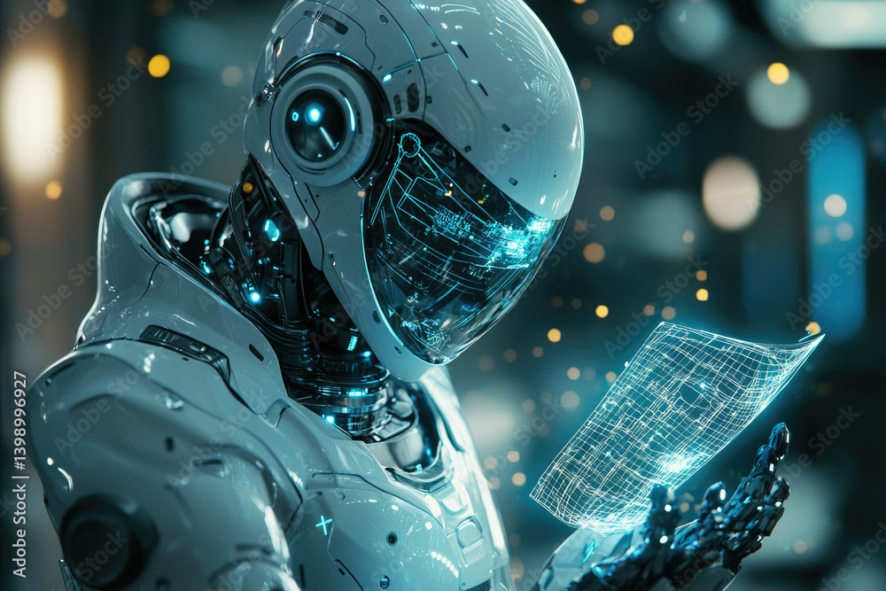 Poster a futuristic robot examines a glowing, translucent holographic blueprint, showcasing advanced techno