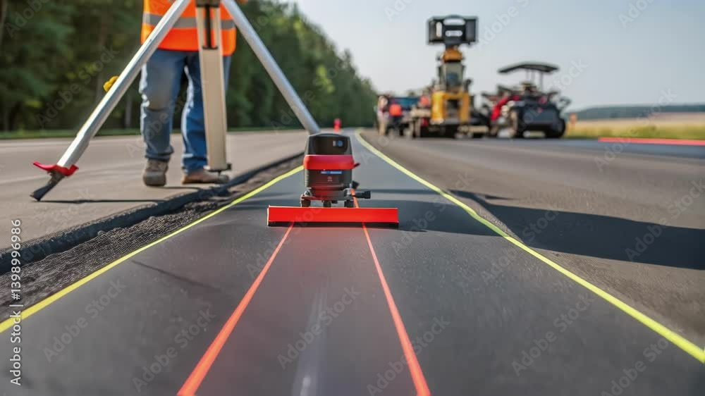 Poster A medium closeup of a freshly paved road section with a close inspection by a surveyor using a laser level showcasing the precision and detail in ensuring a smooth finish.