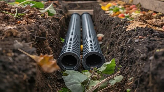 A medium closeup of aeration pipes installed within a compost pile designed to enhance airflow with the surrounding compost layered around the pipes.