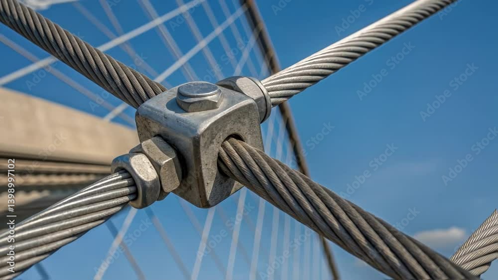Poster a medium closeup of a metal clamp securing a suspension cable to a bridge strut emphasizing the stre