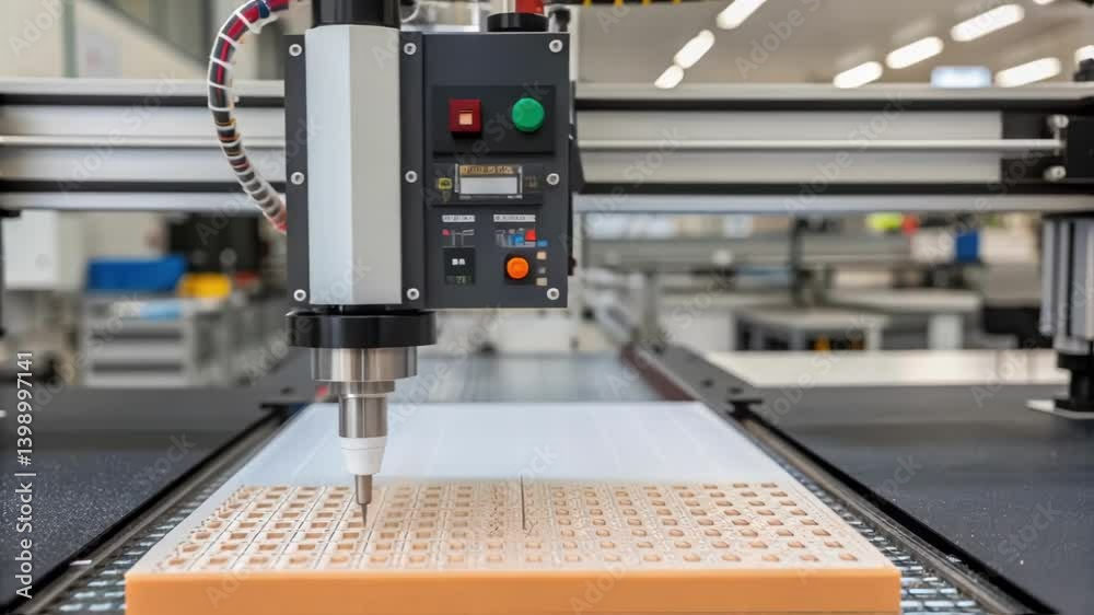 Poster A medium closeup of an advanced dispensing machine with adhesive being applied in precise beads onto a substrate within a manufacturing setup.