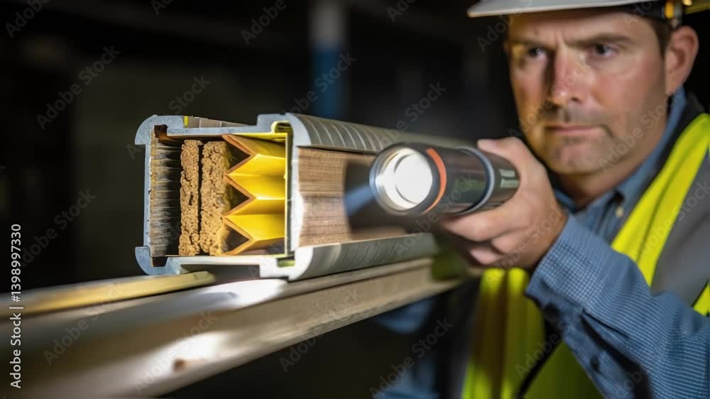 Poster A medium closeup of an engineer inspecting a bridge expansion joint holding a flashlight to illuminate the joints inner mechanics revealing various layers of materials.
