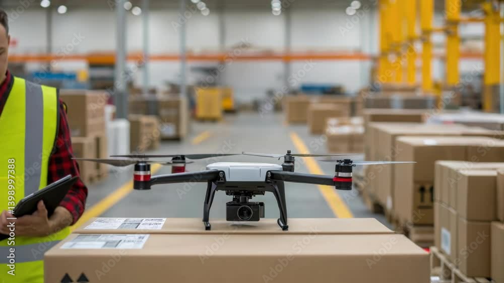 Leinwandbilder A medium closeup of an operator in a highvisibility vest troubleshooting a malfunctioning drone in a distribution setting surrounded by boxes and tingedge logistics equipment.