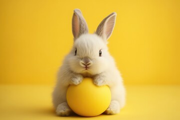 Cute Fluffy Bunny Resting on Yellow Object with Egg