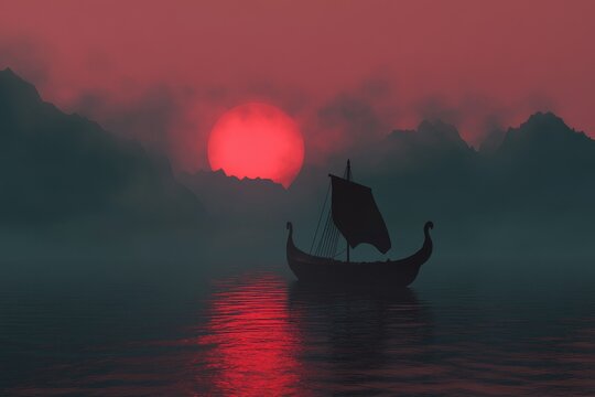 The Vikings are sailing on the sea in their Drakkar, with mountains in the vicinity