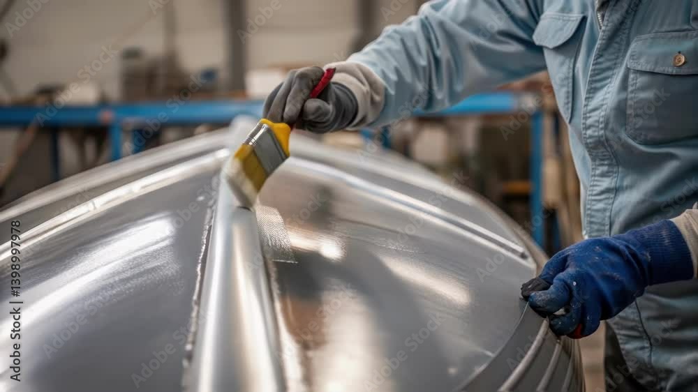Aufkleber A medium closeup of a worker applying a layer of protective paint to a vessel their gloved hands steady as they ensure complete coverage on the metal surface.