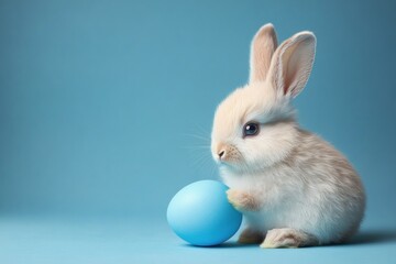 Cute baby rabbit next to pastel blue egg on soothing background
