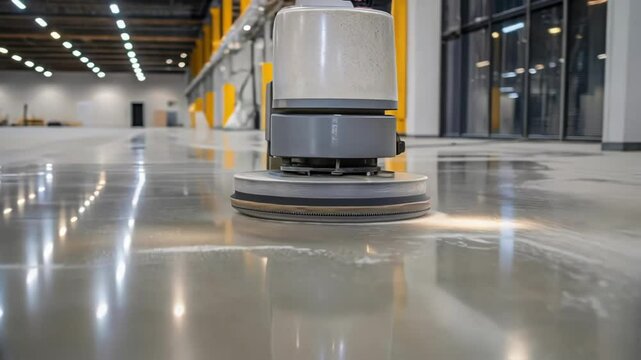A medium closeup of a worker adjusting a floor scrubber with bright reflections showing the effectiveness of the cleaning process on the polished concrete floor.