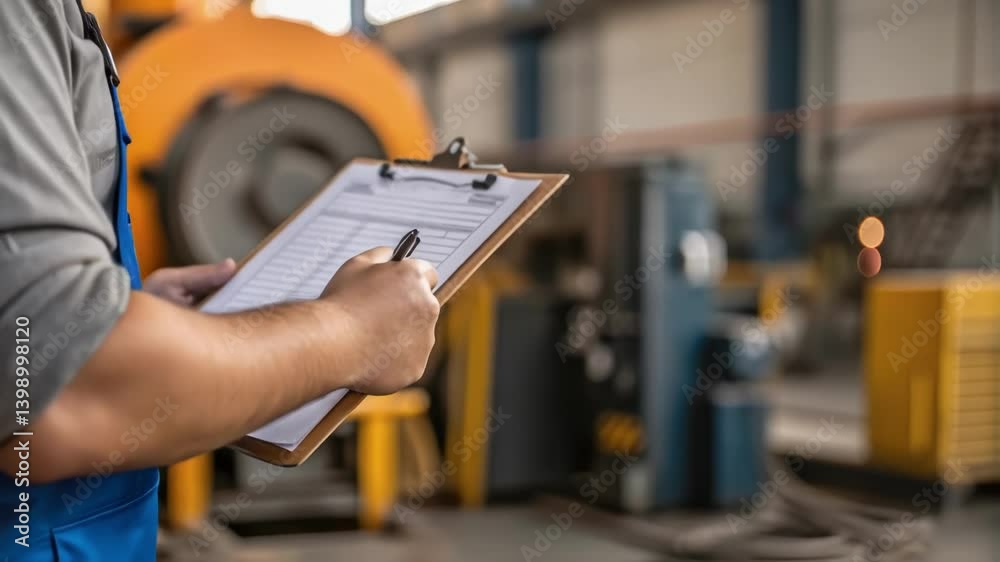 Poster a medium closeup of a worker holding a clipboard with maintenance logs the industrial mixer looming 