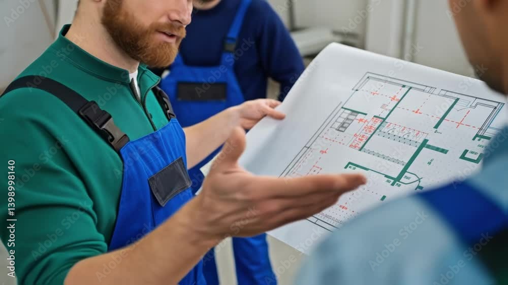 Aufkleber a medium closeup of a worker discussing plans with a colleague both pointing at a schematic laid out