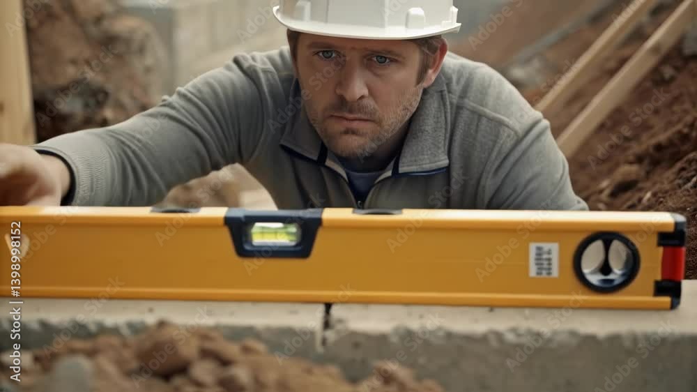 Poster A medium closeup of a worker in a hard hat focused on a level tool ensuring the embankment is perfectly aligned while dirt and rocks ter around.