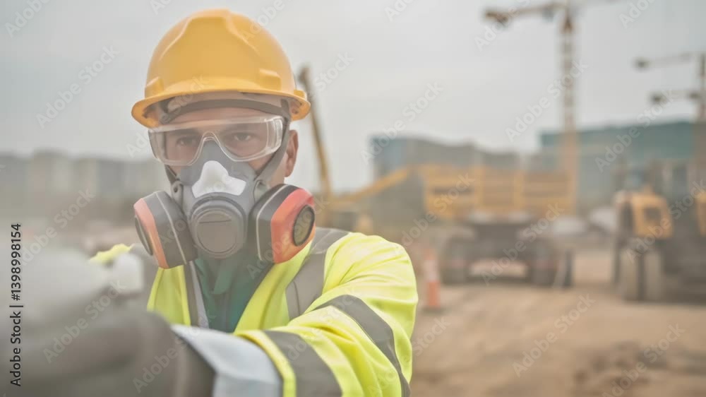Aufkleber A medium closeup of a worker in protective gear demonstrating the operation of a dust control system with visible construction equipment in the background.