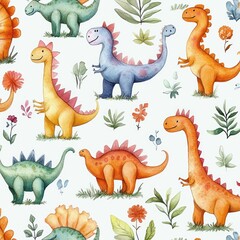 Colorful Whimsical Dinosaurs Pattern Watercolor Illustration
