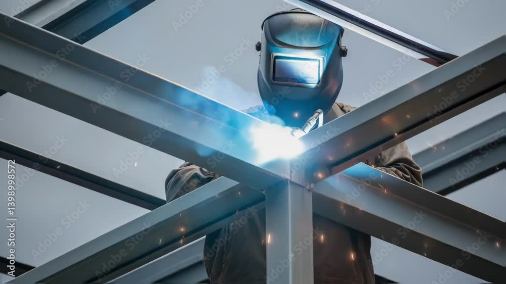 Poster a medium closeup of sparks flying as a worker welds a support beam on the crane with a protective ma