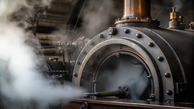A medium closeup of steam being released from a boiler outlet creating a misty ambiance and illustrating the energy conversion process.