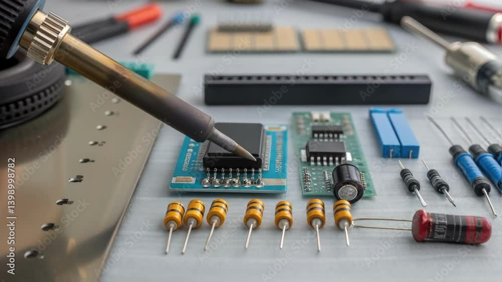 Poster A medium closeup of various electronic components including resistors capacitors and microcontrollers neatly organized in a technicians workspace illuminated by soft lighting.