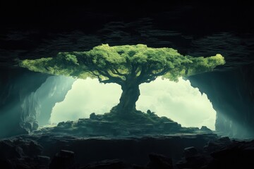 Ancient tree in a mystical cave