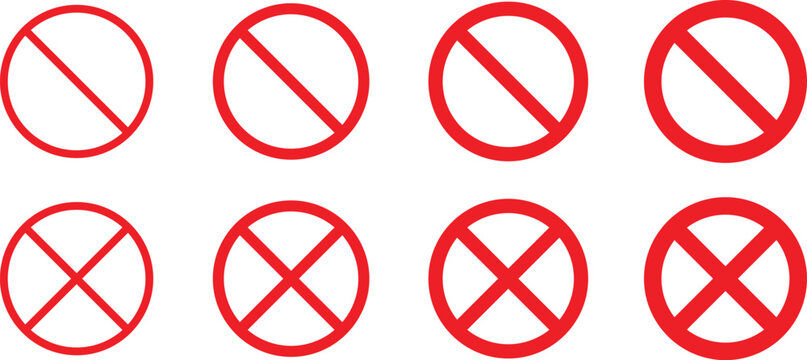 Set of red prohibition sign vector icons for signs, Disallowed or no symbol for public. Vector illustration