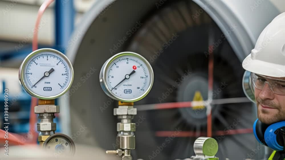 Poster A medium closeup showing an engineer in a hard hat inspecting a turbines nacelle with various instrumentation and gauges in clear focus underlining the importance of quality