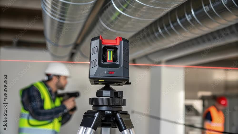 Poster A medium closeup showing a precision laser level being used to align air ducts demonstrating the importance of balance and installation accuracy.