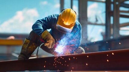 A Hispanic construction worker welding metal parts at a construction site. Featuring precision and skill