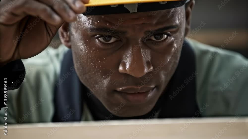 Fototapete an extreme closeup of a workers face beads of sweat forming as they concentrate on aligning the wall