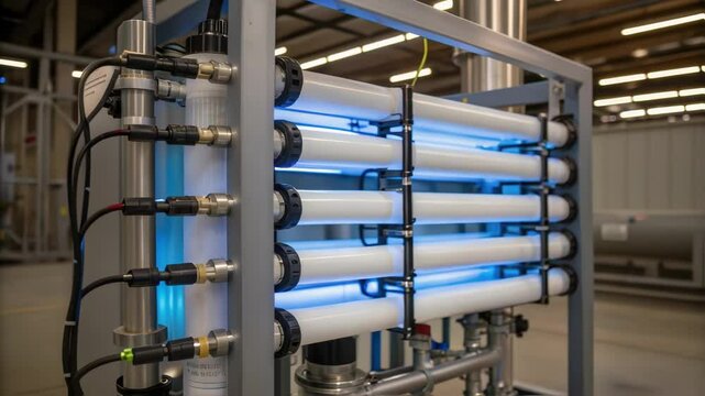 An illuminated view of the inner workings of a reverse osmosis unit highlighting the intricate arrangement of tubing and connectors within an industrial setting.