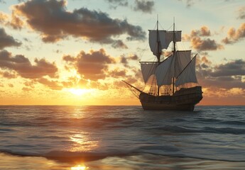 Obraz premium The ancient sailor embarked on a three-ocean journey of adventure and navigation as a master hacker corsair captain of a tiny vintage Breton vessel from the elder century