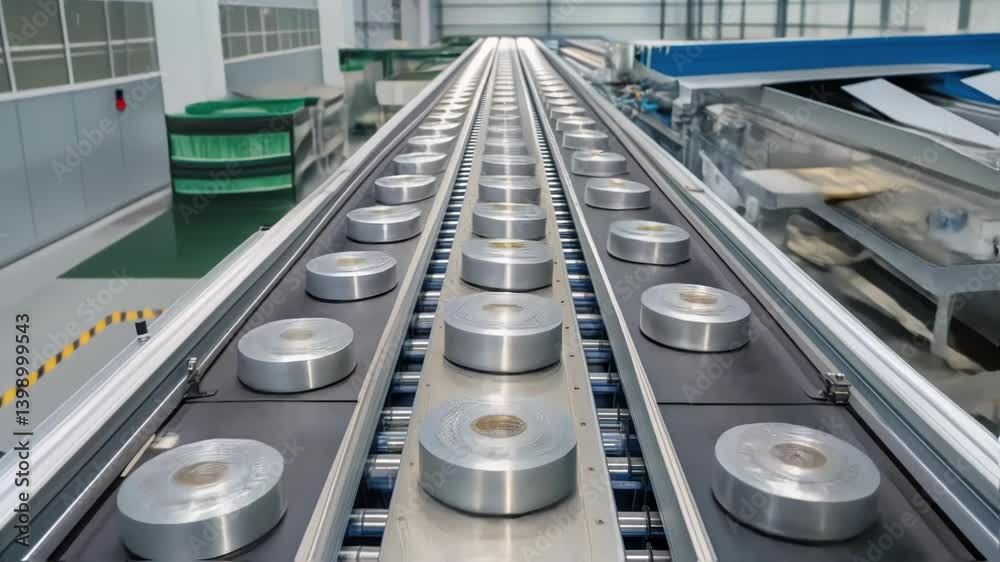 Poster an overhead view of conveyor belts transporting freshly machined metal parts with glistening surface