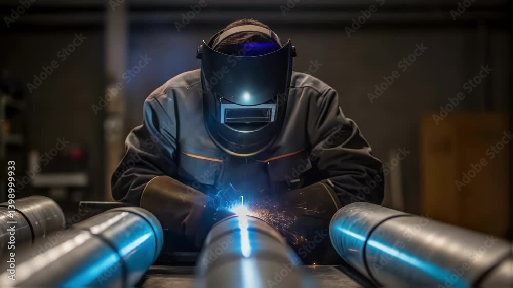 Poster a welder in safety gear focuses intently on fusing sections of ducting together with sparks flying i