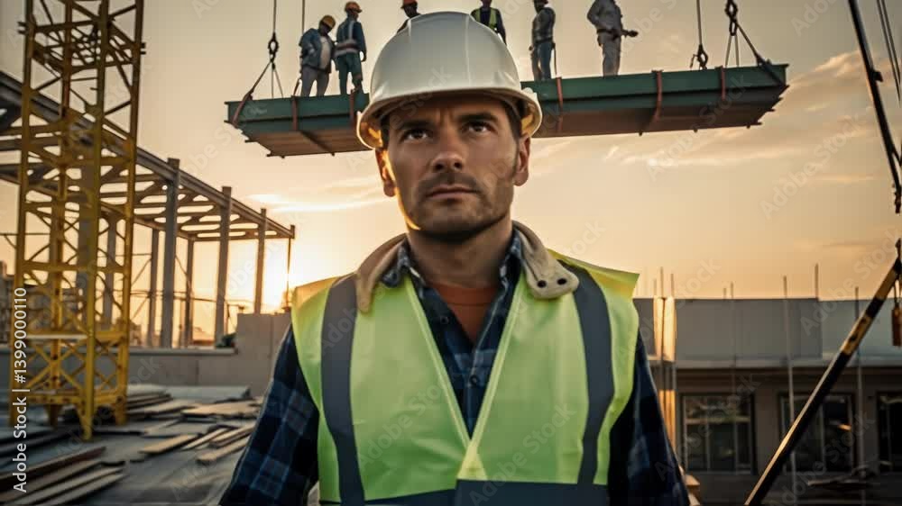 Poster a workers face lit by the late afternoon sun reflecting determination and focus as they supervise a 