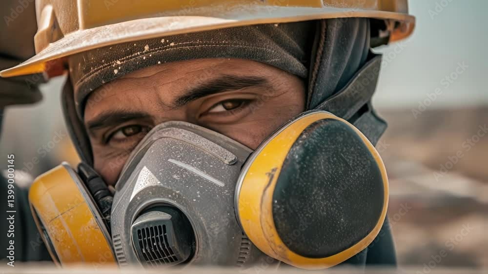 Poster Closeup image of a workers face partially covered by a dust mask their eyes intense as they prepare to operate a power tool capturing a moment of focus amidst the noise of