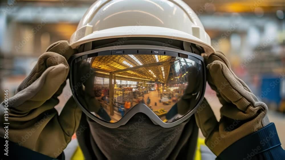 Poster Closeup of a construction workers helmet reflecting the busy site of the garage construction in its visor highlighting the dynamic environment around them.