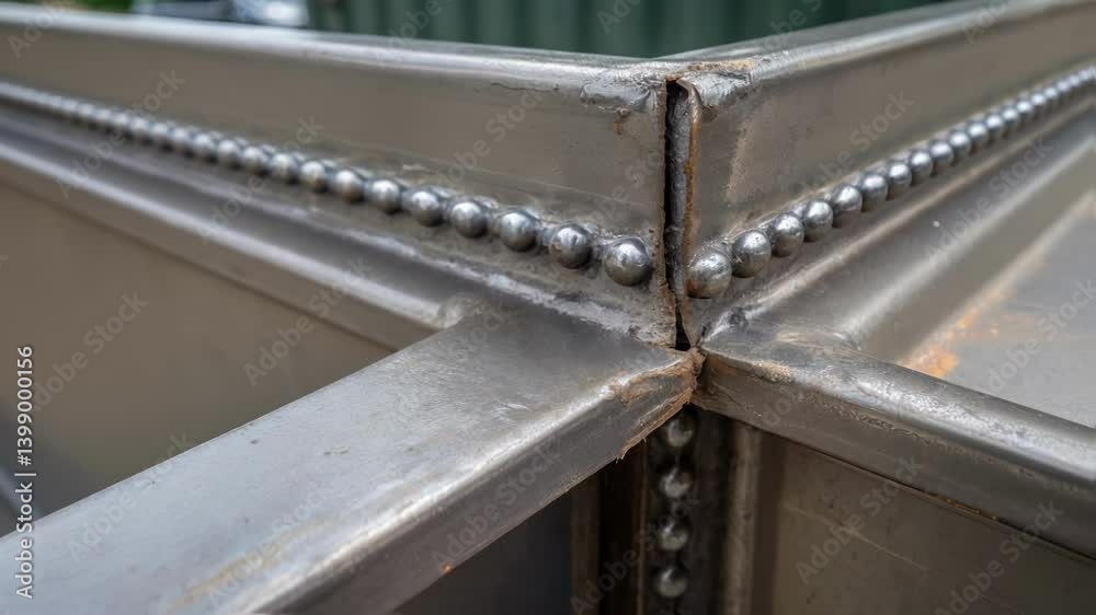 Aufkleber closeup of a corner joint being reinforced showcasing the rugged texture of the container metal and 