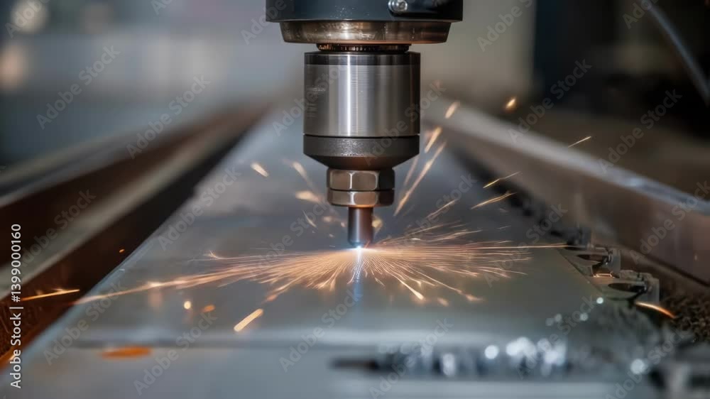 Aufkleber Closeup of a drill bit trating metal with sparks flying capturing the intensity of metal fabrication needed for server racks and structural supports.