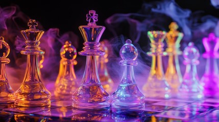 Illuminated glass pieces are used in a mystical chess game that takes place amidst a cloud of smoke