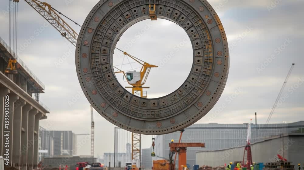 Poster Closeup of a heavyduty crane lifting a large segment of tunnel formwork showcasing the intricate balance and coordination required for precise construction operations.
